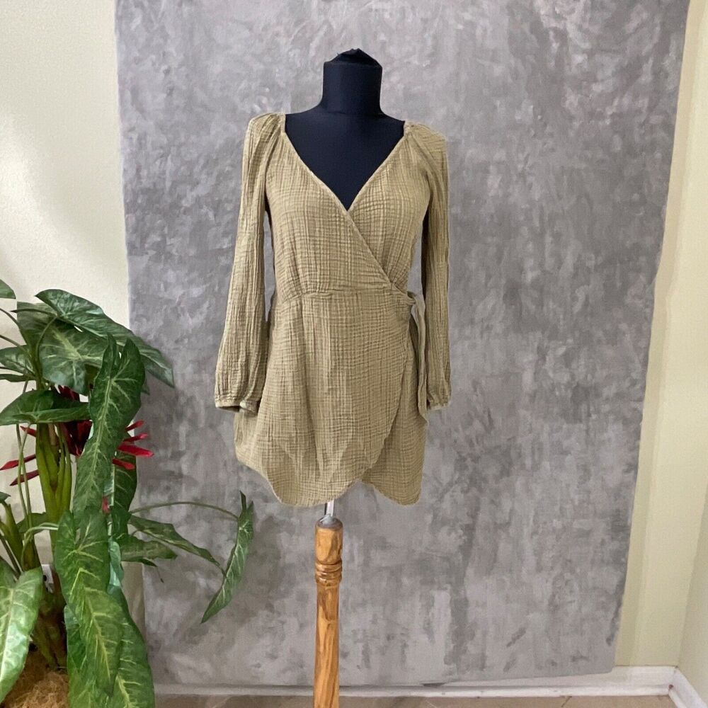 ANTHROPOLOGIE Mini Dress Women's Size XS Moss Gauzy Long Sleeve Wrap Cover up